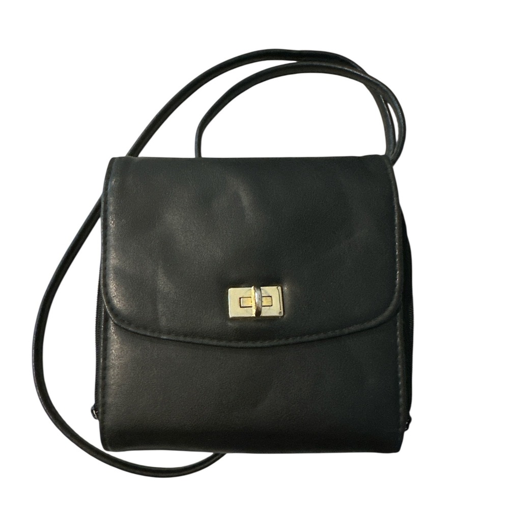 Vintage Jeun Bang Black Leather Crossbody Purse Bag‎ Multi Pocket Gold Hardware